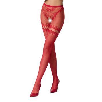 Сітчасті колготки з відкритим доступом Passion S015 One Size, Red, імітація панчіх і трусиків PSS015R фото